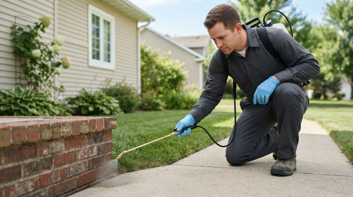 Pest control technician treating a home near Angora, MN